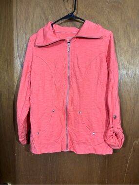 Lizwear Activewear Mock Neck Jacket Full Zip Roll Tab Sleeve Cotton Coral XL